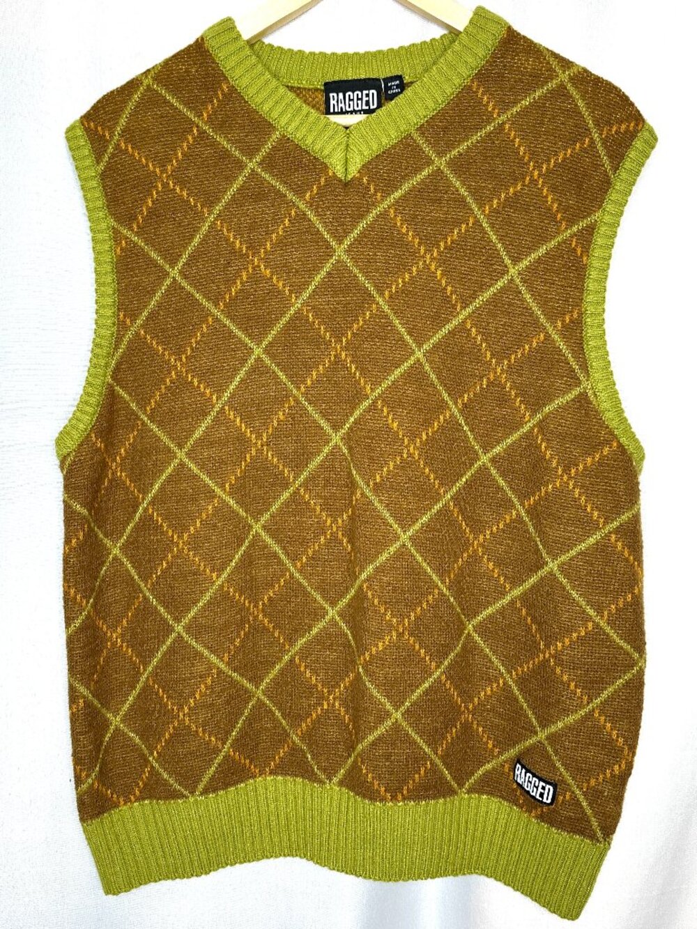 The Ragged Priest Argyle Vest, Medium Y2K Grunge Eclectic Green‎ V-Neck